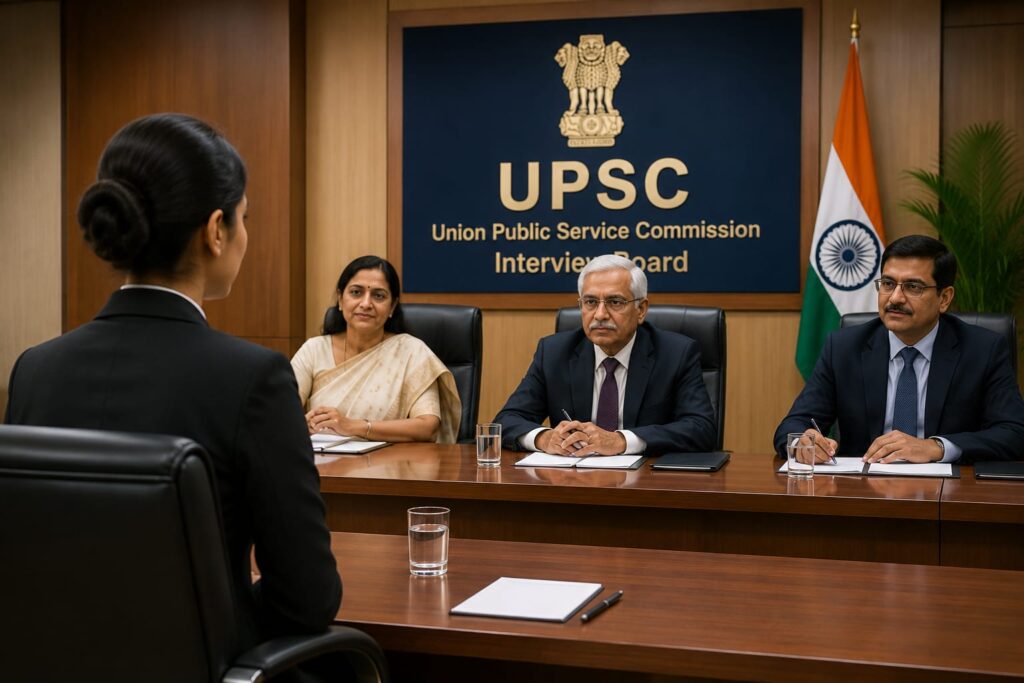 Candidate sitting confidently in front of the UPSC interview board.
