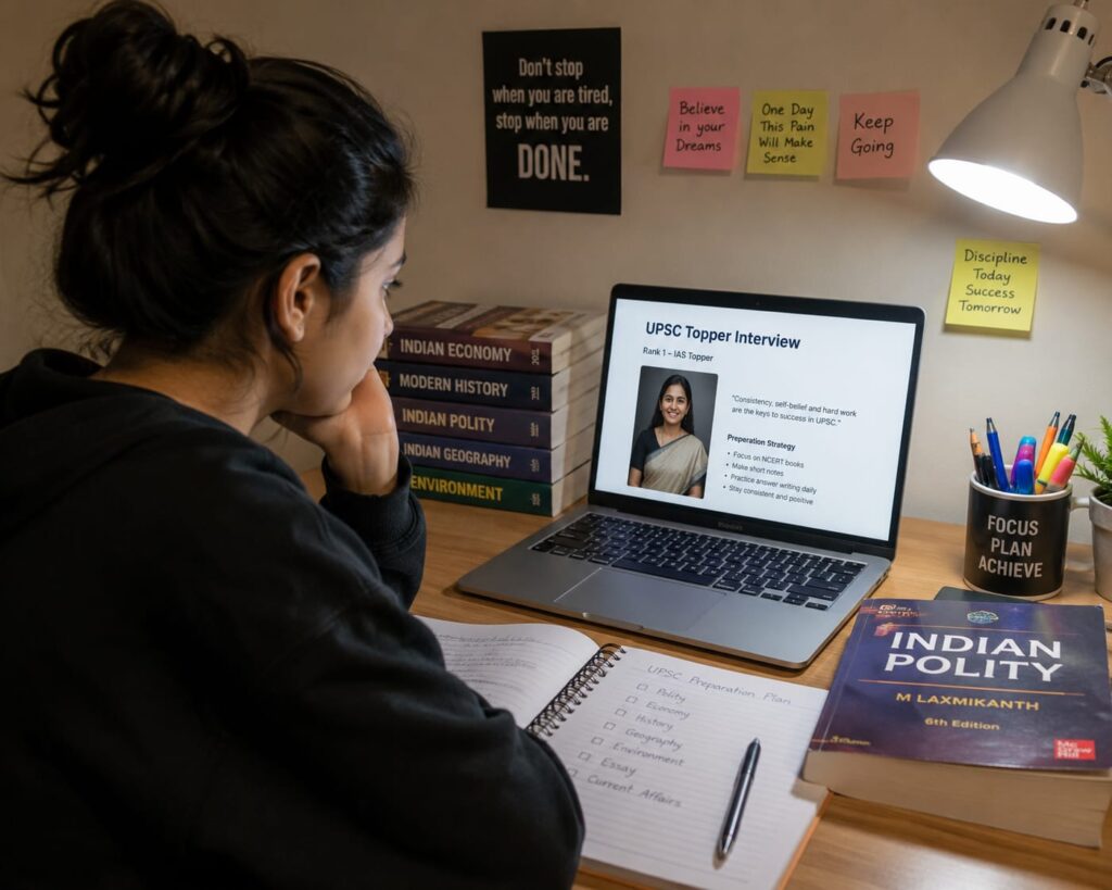 Student reading a UPSC topper interview.