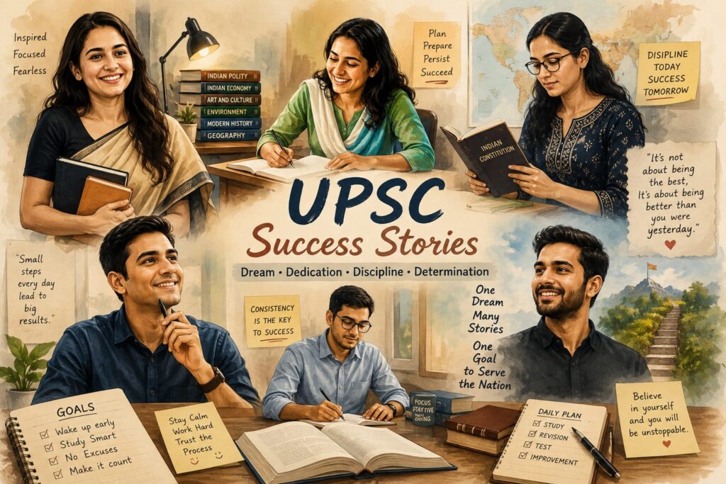 Collage illustration of successful UPSC aspirants studying with books, notes, and motivational elements representing dedication, discipline, and civil services exam success.