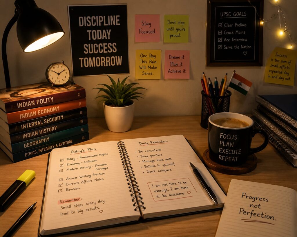Motivational UPSC study desk with diary, coffee mug, books, notes, and a well-organized workspace for Civil Services Exam preparation.