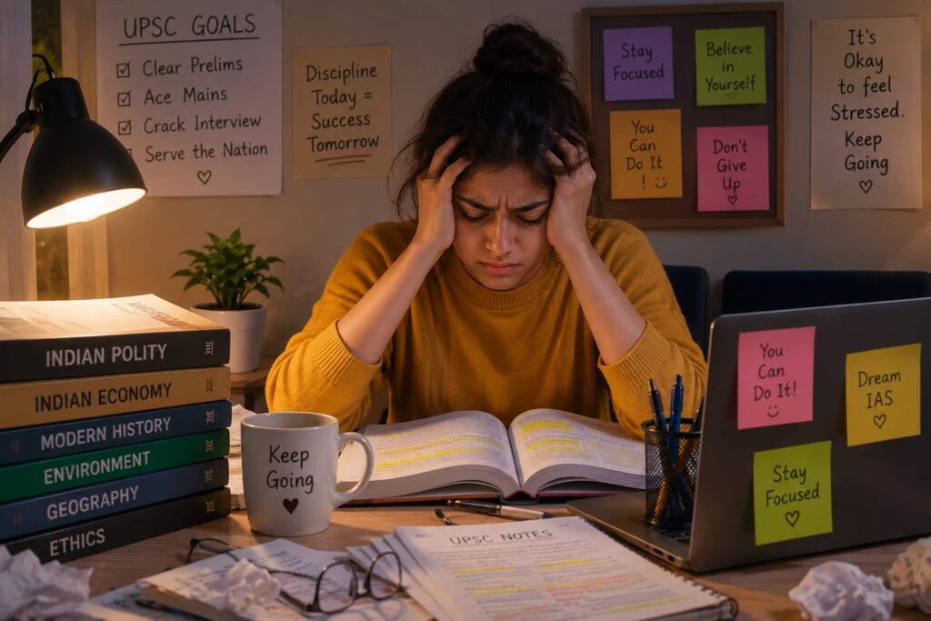 UPSC aspirant feeling stressed while studying with books, notes, and a study desk during Civil Services Exam preparation.UPSC aspirant feeling stressed while studying with books, notes, and a study desk during Civil Services Exam preparation.