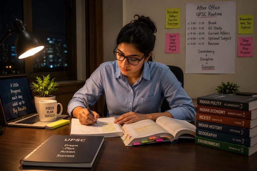 Working professional studying after office hours for UPSC with books, laptop, notes, and a well-organized study desk.
