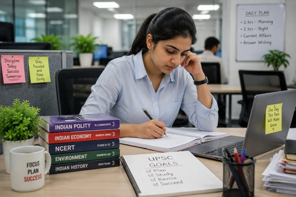 Employee working in an office while preparing for UPSC with books, laptop, notebook, and study materials on the desk.