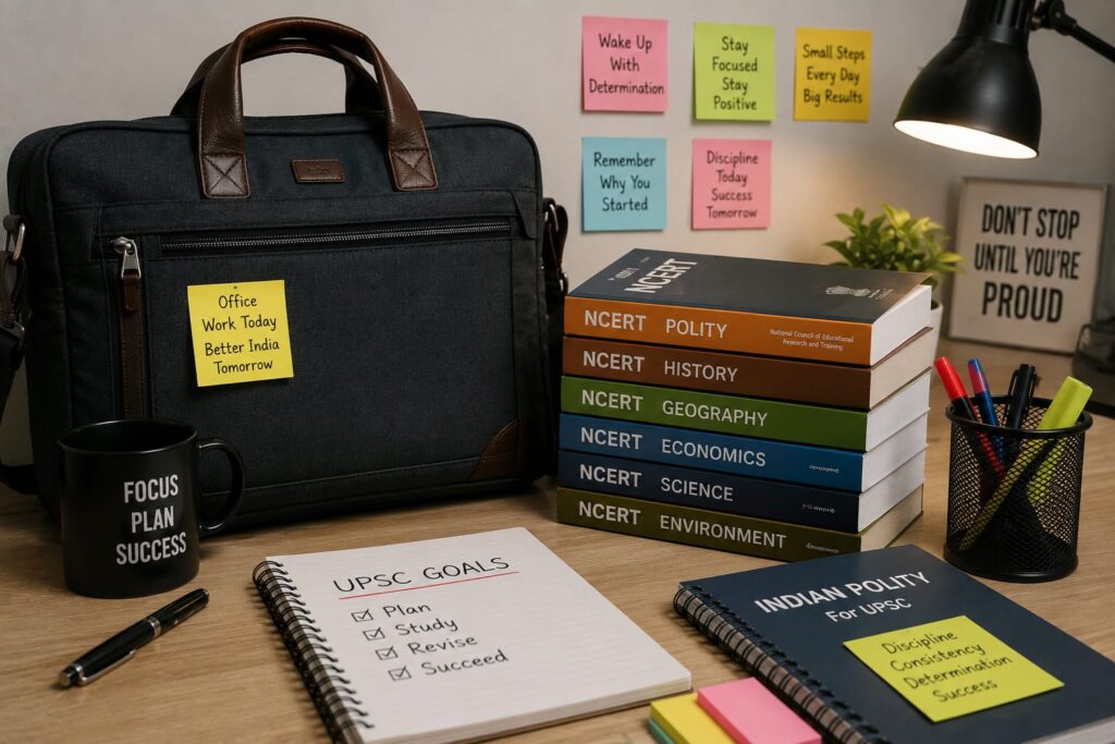 Office bag placed beside NCERT books and UPSC study materials, symbolizing a working professional balancing a full-time job with UPSC preparation.
