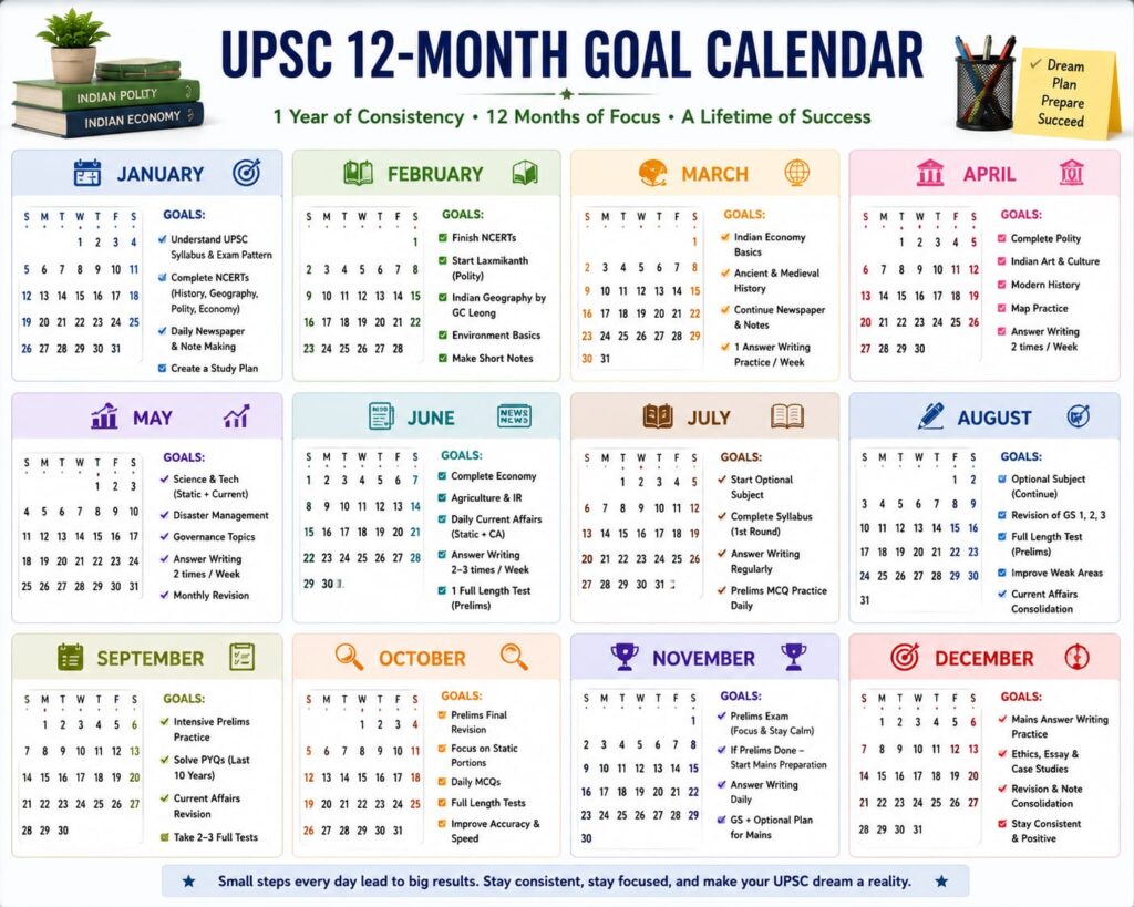 Calendar with monthly UPSC goals and study planner showing a structured preparation schedule for the UPSC Civil Services Examination.