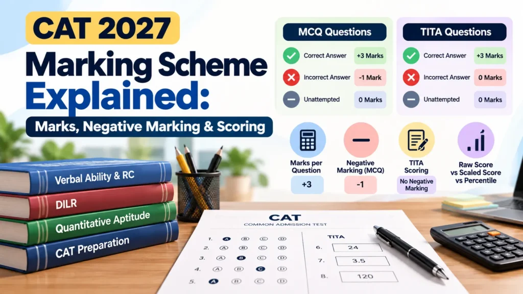 CAT marking scheme 2027 showing MCQ marks, negative marking, TITA scoring and percentile.